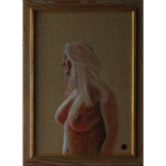 Figure study of mature female form in profile, rendered in pigmented charcoal on raw canvas with warm earth tones