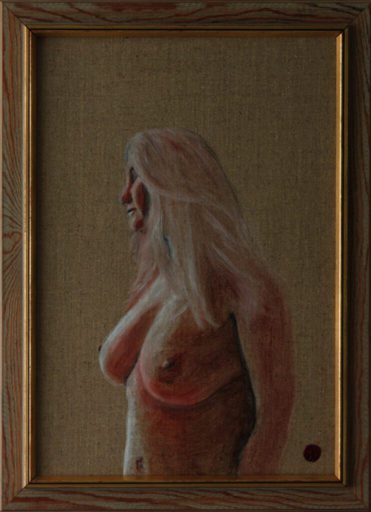 Figure study of mature female form in profile, rendered in pigmented charcoal on raw canvas with warm earth tones
