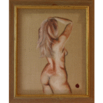 Rear view figure study with hands raised to hair, rendered in earth tones on raw canvas showing anatomical precision and natural pose