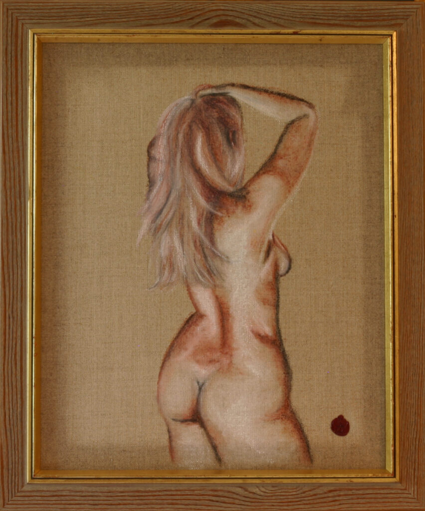 Rear view figure study with hands raised to hair, rendered in earth tones on raw canvas showing anatomical precision and natural pose