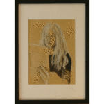 Portrait drawing of young woman with long blonde hair holding newspaper, morning sunlight illuminating her face, rendered in coloured pencil and white pastel on handmade paper