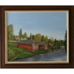 Landscape painting showing ghostly remnants of century-old buildings integrated into contemporary Swedish terrain through contrasting painting techniques
