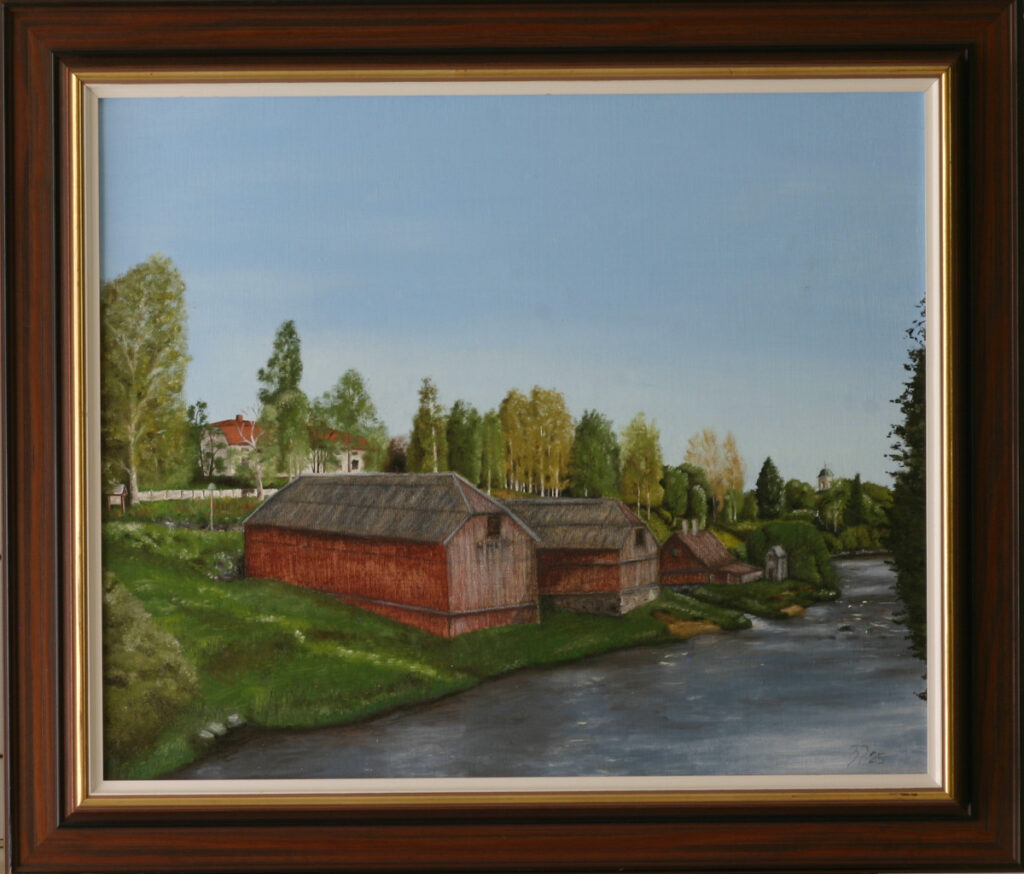 Landscape painting showing ghostly remnants of century-old buildings integrated into contemporary Swedish terrain through contrasting painting techniques