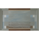 Seascape painting with central North Sea view framed by partially painted geometric border creating window-like separation between present observation and past memory