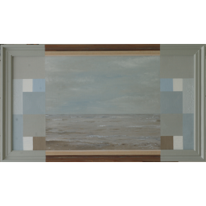 Seascape painting with central North Sea view framed by partially painted geometric border creating window-like separation between present observation and past memory