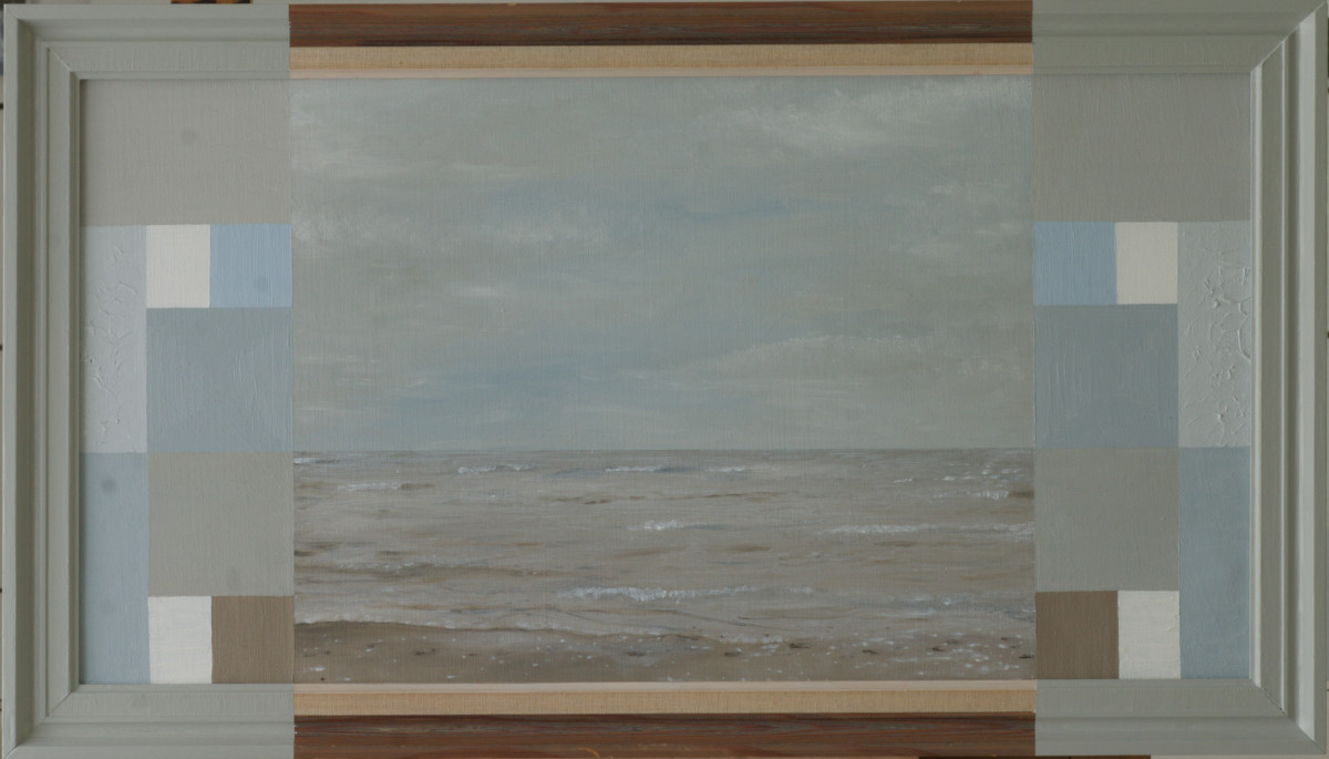 Seascape painting with central North Sea view framed by partially painted geometric border creating window-like separation between present observation and past memory