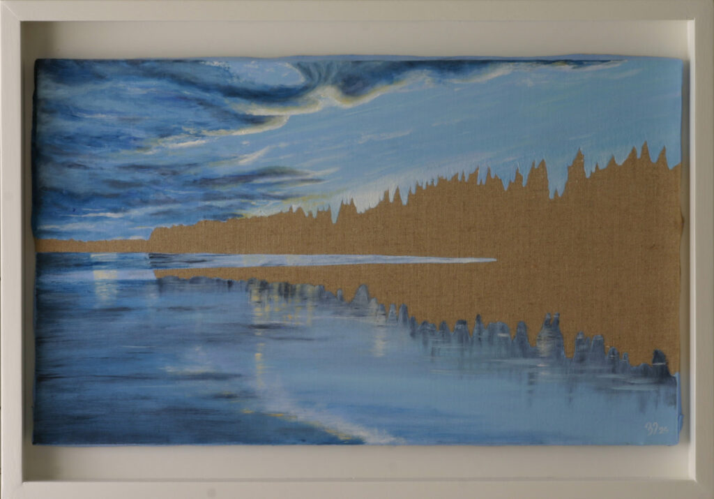Landscape painting showing Swedish lakeside with dramatic sky, partially revealed raw canvas creating abstraction from naturalistic water scene