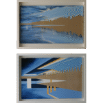 Two paintings displayed side by side showing transformation from naturalistic Swedish lakeside landscape to geometric abstraction, both 48x69cm with raw canvas elements visible