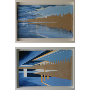 Two paintings displayed side by side showing transformation from naturalistic Swedish lakeside landscape to geometric abstraction, both 48x69cm with raw canvas elements visible