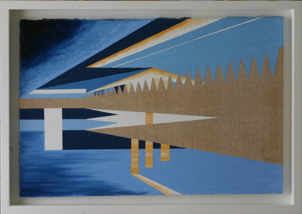 Geometric abstract painting derived from lakeside landscape with angular forms and color blocks maintaining connection to natural observation