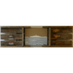 Triptych with architectural drawing in colored pencil on left, central seascape painting of Sikeå lighthouse, and weathered wood with geographic coordinates on right