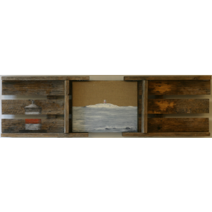 Triptych with architectural drawing in colored pencil on left, central seascape painting of Sikeå lighthouse, and weathered wood with geographic coordinates on right