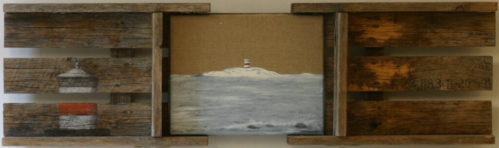 Triptych with architectural drawing in colored pencil on left, central seascape painting of Sikeå lighthouse, and weathered wood with geographic coordinates on right