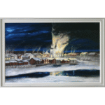 Dramatic night scene painting showing Umeå church tower engulfed in flames with town buildings below and frozen harbor reflecting firelight, Christmas Eve 1887