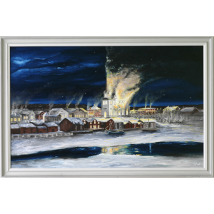 Dramatic night scene painting showing Umeå church tower engulfed in flames with town buildings below and frozen harbor reflecting firelight, Christmas Eve 1887