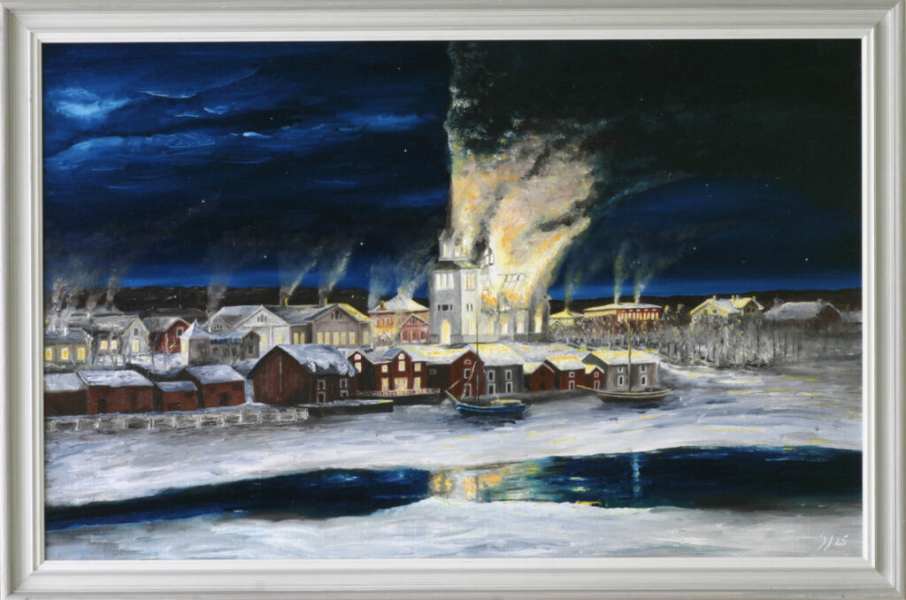 Dramatic night scene painting showing Umeå church tower engulfed in flames with town buildings below and frozen harbor reflecting firelight, Christmas Eve 1887