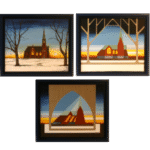 Church Transformation Series triptych showing systematic progression from naturalistic winter church scene through geometric simplification to pure abstract architectural forms, three oil paintings displayed together