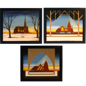 Church Transformation Series triptych showing systematic progression from naturalistic winter church scene through geometric simplification to pure abstract architectural forms, three oil paintings displayed together
