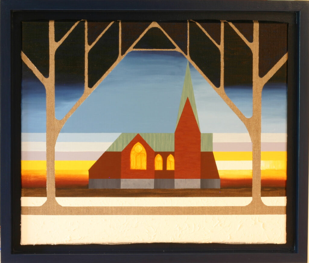 Church composition with geometric simplification, stylised trees, architectural elements maintained with sunset gradient