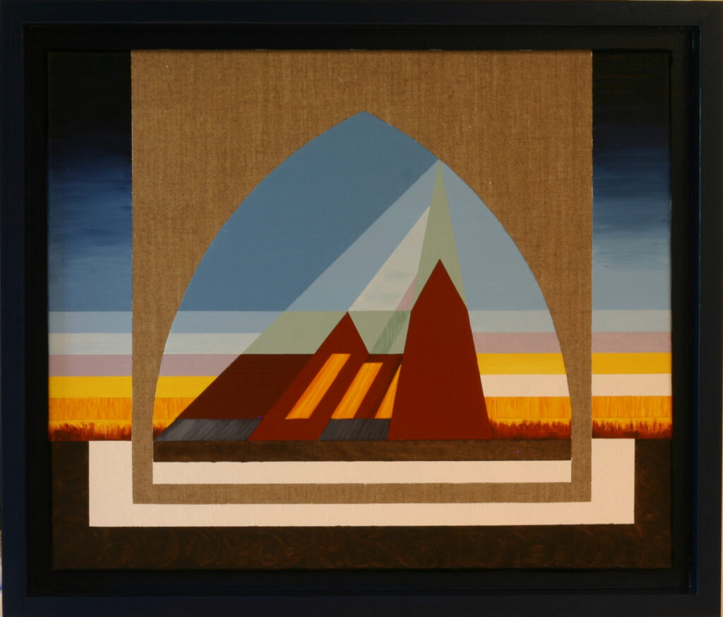 Pure geometric abstraction of church architecture showing triangular forms and structural analysis against raw canvas