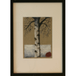 Oil painting of silver birch tree on raw canvas showing bark texture and delicate branches, winter landscape with minimal ground treatment, framed behind glass