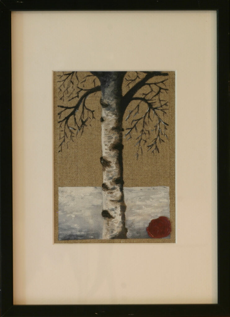Oil painting of silver birch tree on raw canvas showing bark texture and delicate branches, winter landscape with minimal ground treatment, framed behind glass