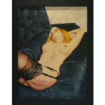 Reclining nude figure with blonde hair on blue velvet sofa, wearing black lace garment, oil painting showing dramatic contrast between warm skin tones and cool blue upholstery