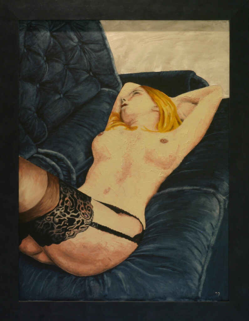 Reclining nude figure with blonde hair on blue velvet sofa, wearing black lace garment, oil painting showing dramatic contrast between warm skin tones and cool blue upholstery