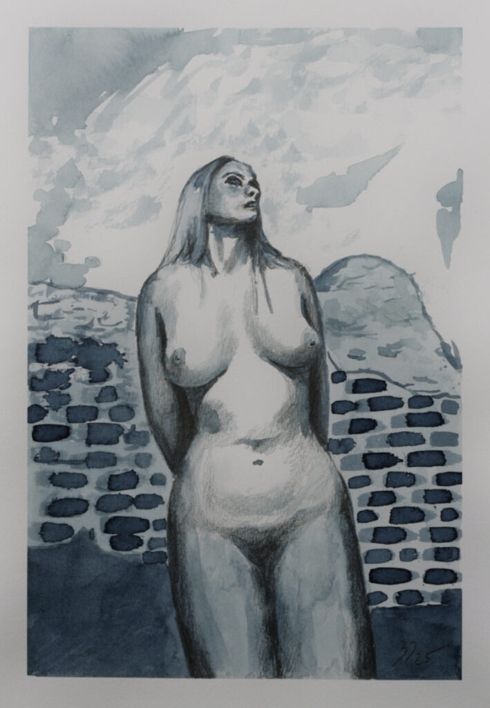 Monochromatic figure study showing upward-gazing nude against architectural stone wall background, rendered in blue-grey tones