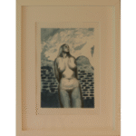 Monochromatic figure study showing upward-gazing nude against architectural stone wall background, rendered in blue-grey tones