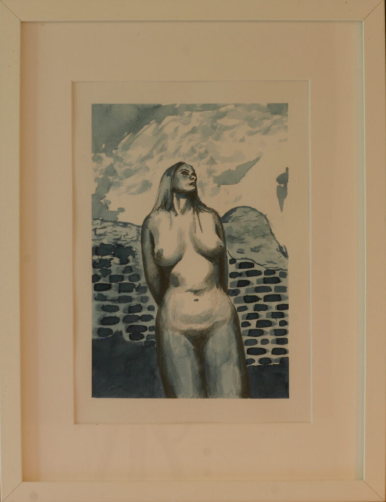 Monochromatic figure study showing upward-gazing nude against architectural stone wall background, rendered in blue-grey tones