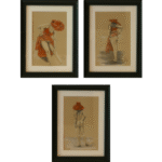 Three figure studies featuring red hat motif showing different poses and perspectives, mixed media drawings professionally framed with glass