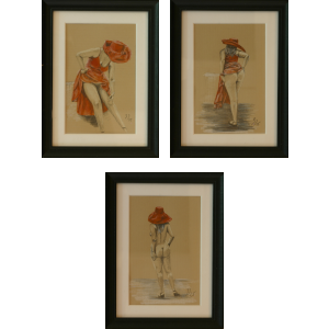 Three figure studies featuring red hat motif showing different poses and perspectives, mixed media drawings professionally framed with glass