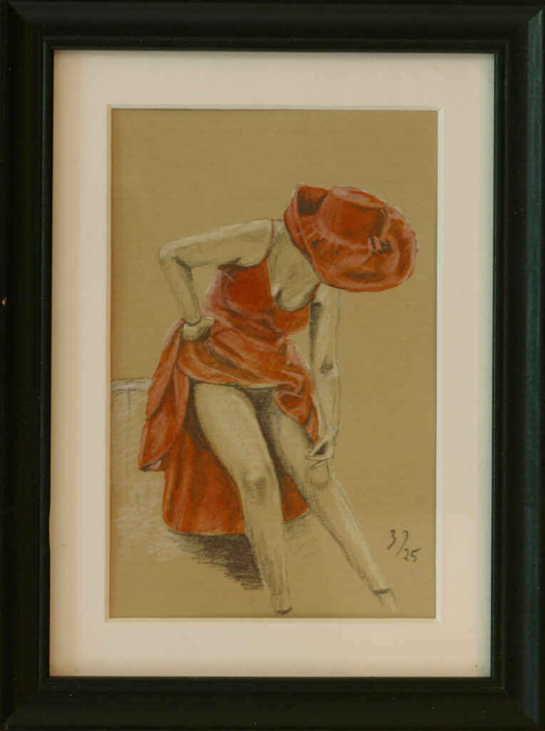 Figure study with red hat and orange draped fabric, seated pose leaning back, mixed media on toned paper showing anatomical structure