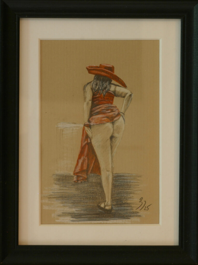Standing figure with red hat viewed from behind, orange fabric accent, mixed media drawing demonstrating back anatomy and posture