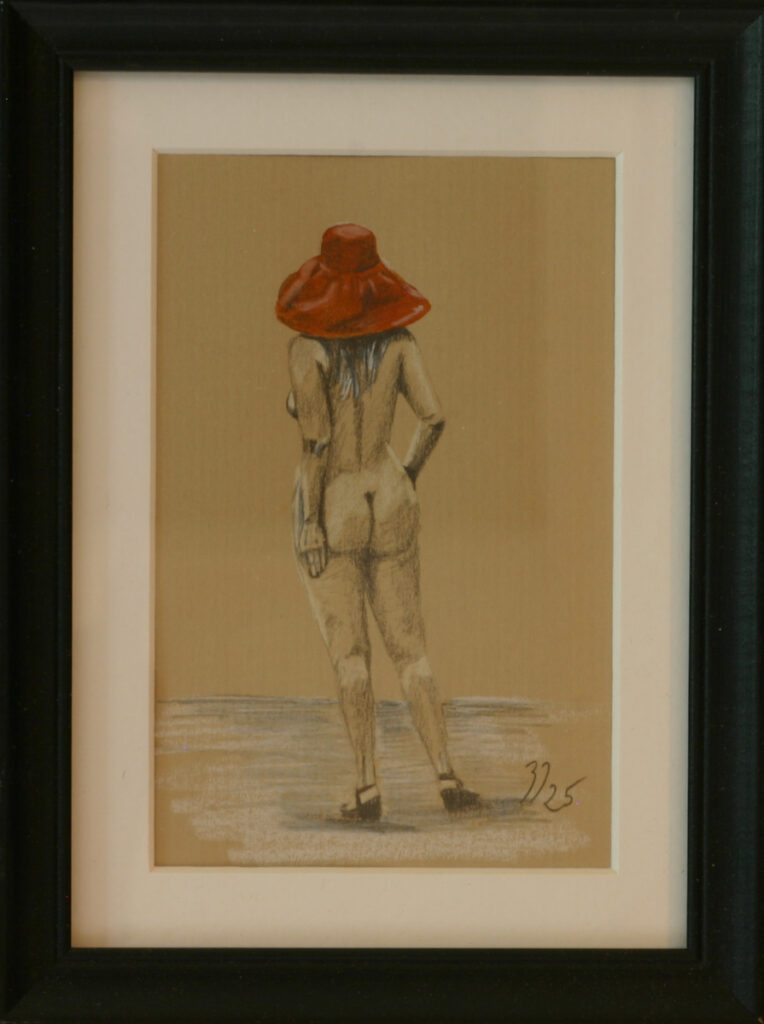 Full rear view figure study with red hat, nude form with subtle ground shadow, mixed media on warm toned paper