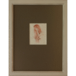 Delicate figure drawing in red pencil showing vulnerable pose with hands covering face, professionally framed with museum matting