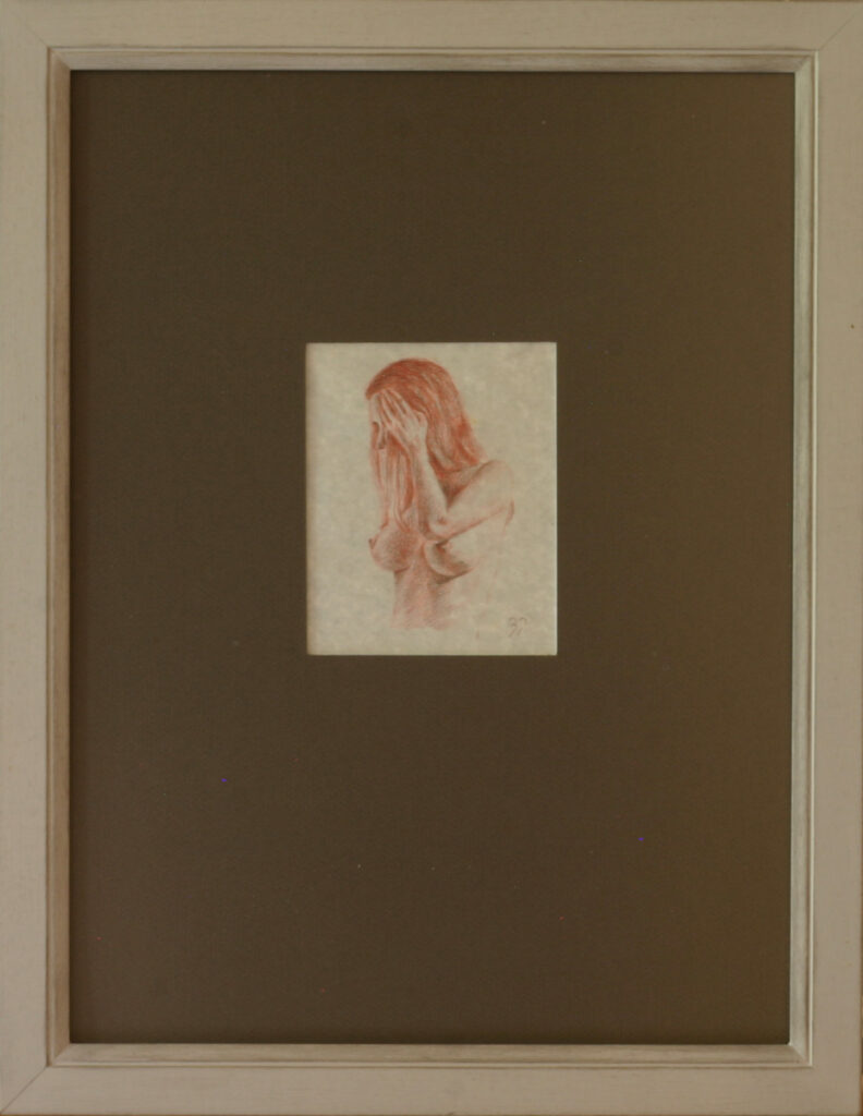Delicate figure drawing in red pencil showing vulnerable pose with hands covering face, professionally framed with museum matting
