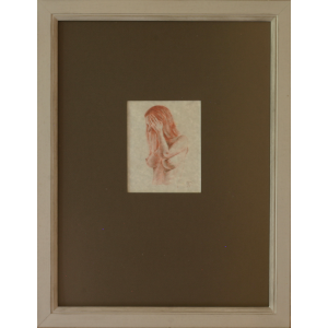 Delicate figure drawing in red pencil showing vulnerable pose with hands covering face, professionally framed with museum matting