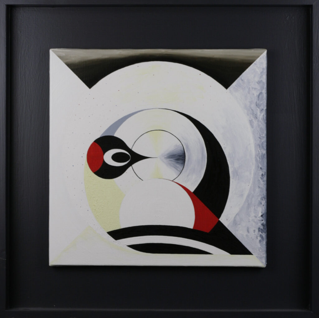 Geometric composition reducing woodpecker to curved forms and circular patterns, architectural analysis of bird structure