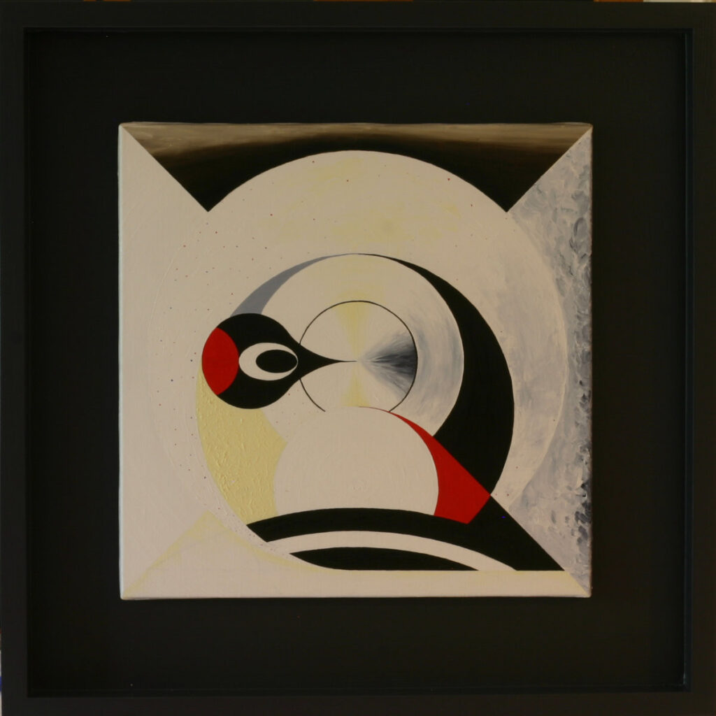 Geometric composition reducing woodpecker to curved forms and circular patterns, architectural analysis of bird structure