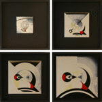 Woodpecker transformation series showing four sequential paintings: naturalistic woodpecker at feeder progressing through geometric deconstruction to pure circular abstraction, demonstrating systematic architectural analysis of natural form
