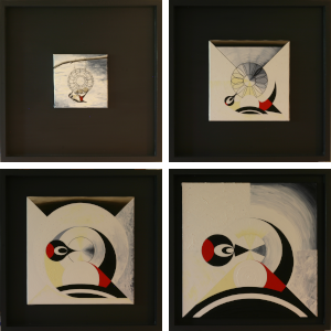 Woodpecker transformation series showing four sequential paintings: naturalistic woodpecker at feeder progressing through geometric deconstruction to pure circular abstraction, demonstrating systematic architectural analysis of natural form