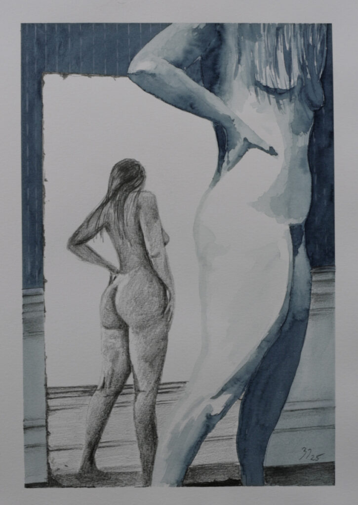 Figure study showing rear view in blue ink with large pencil-drawn mirror reflection showing partial upper body, mixed media on toned paper