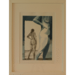 Figure study showing rear view in blue ink with large pencil-drawn mirror reflection showing partial upper body, mixed media on toned paper