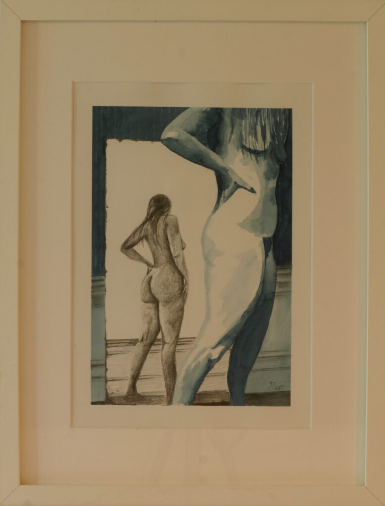 Figure study showing rear view in blue ink with large pencil-drawn mirror reflection showing partial upper body, mixed media on toned paper