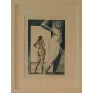 Figure study showing rear view in blue ink with large pencil-drawn mirror reflection showing partial upper body, mixed media on toned paper