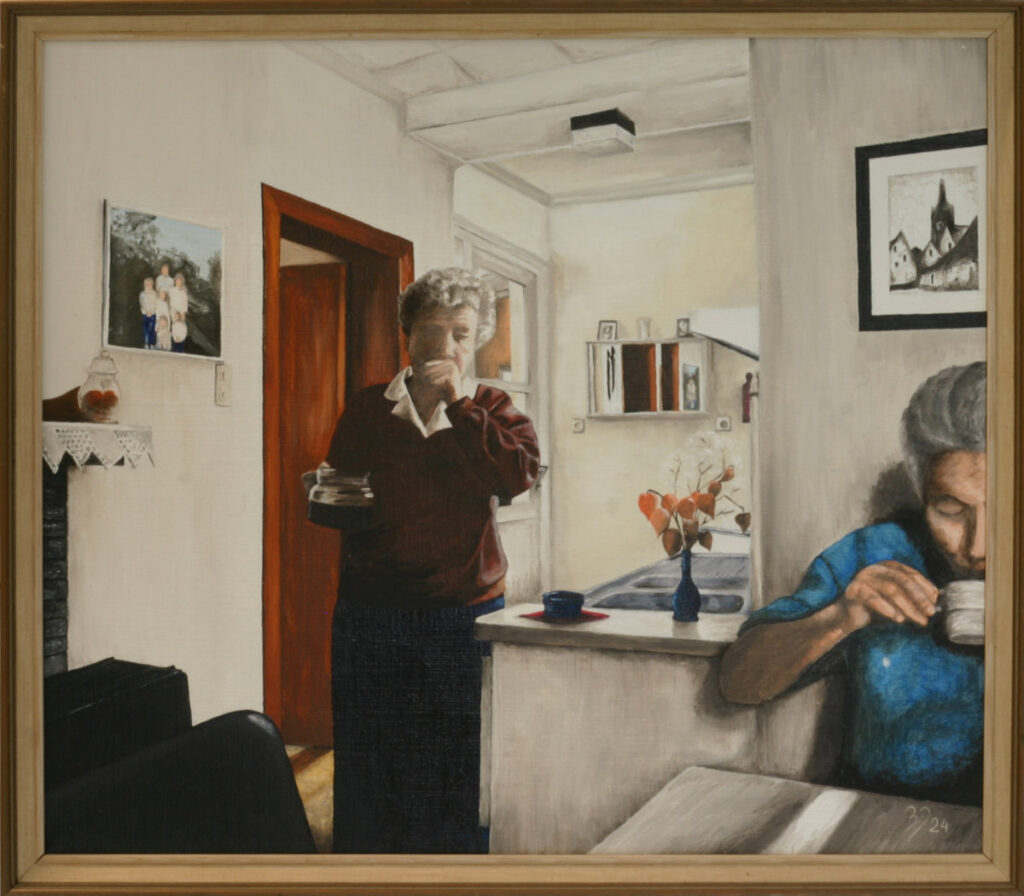 Interior scene showing two figures in domestic kitchen setting, woman with coffee cup in doorway and seated figure in blue, realistic oil painting with architectural precision