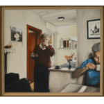 Interior scene showing two figures in domestic kitchen setting, woman with coffee cup in doorway and seated figure in blue, realistic oil painting with architectural precision