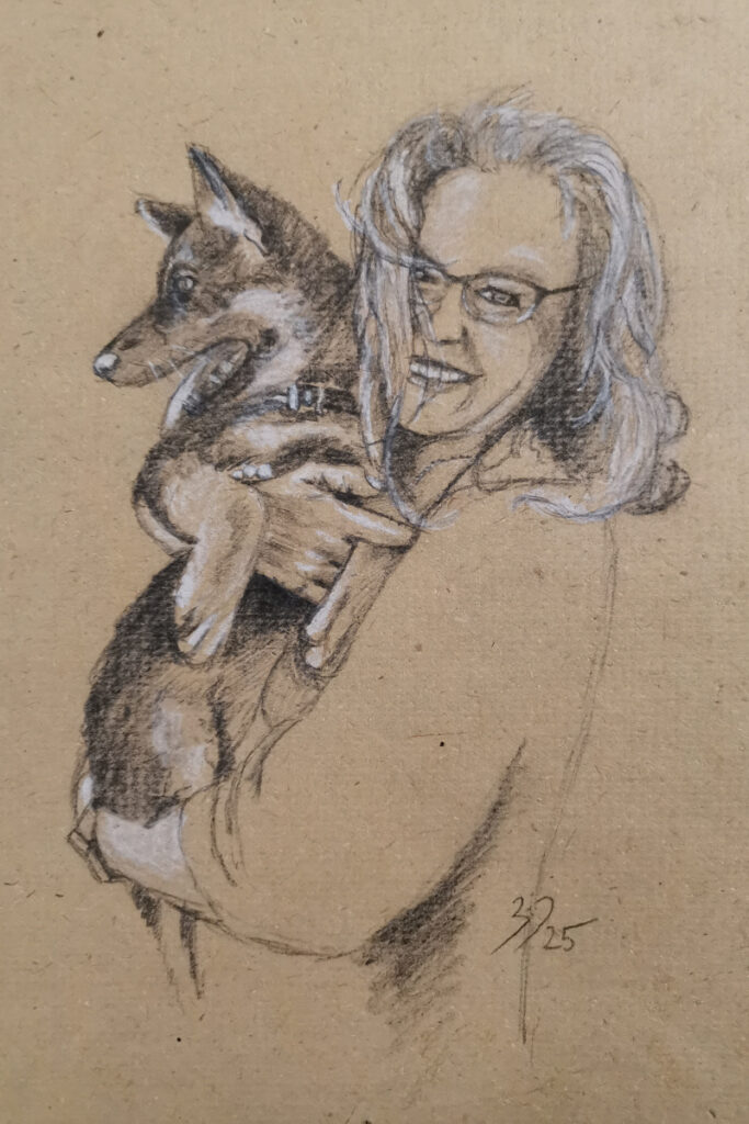 Drawing of a woman with her dog charcoal